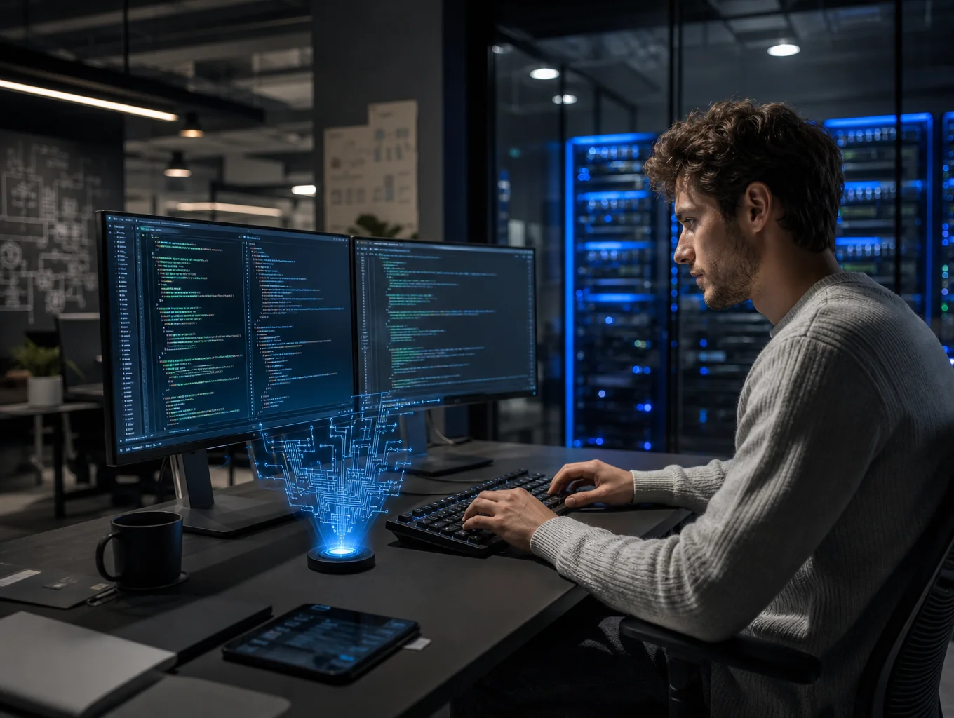 Systems engineer working alongside digital assistant telemetry screens