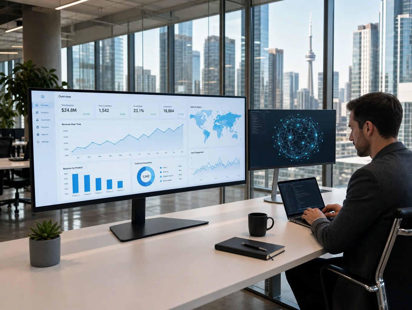 Enterprise systems telemetry dashboard and workflow architecture diagram