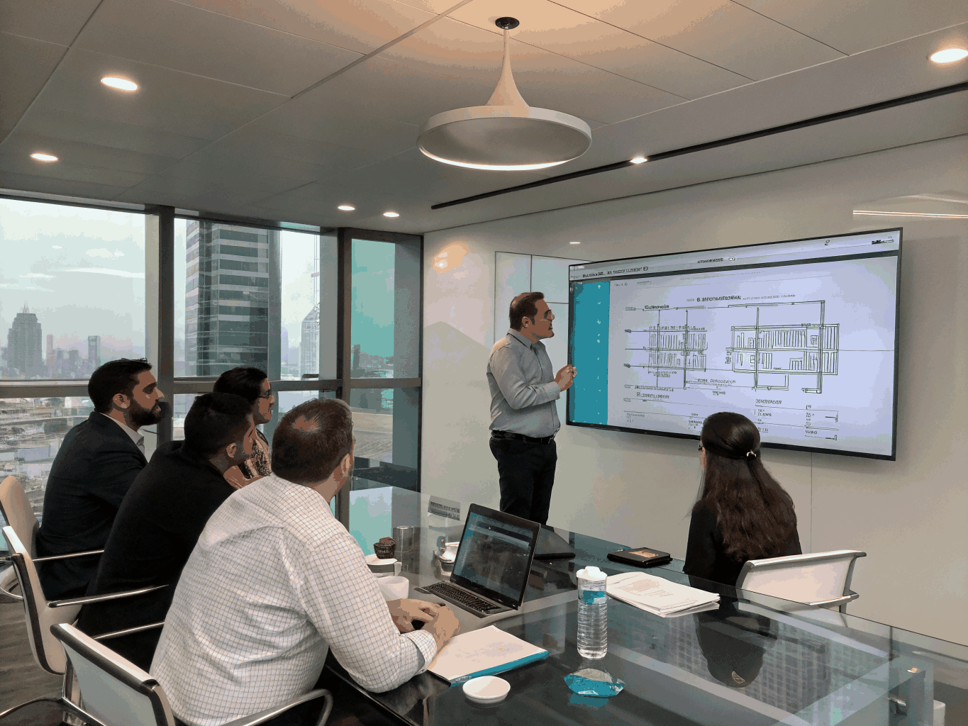 RapidCore Systems engineers reviewing system architectural wireframes on screen in conference room