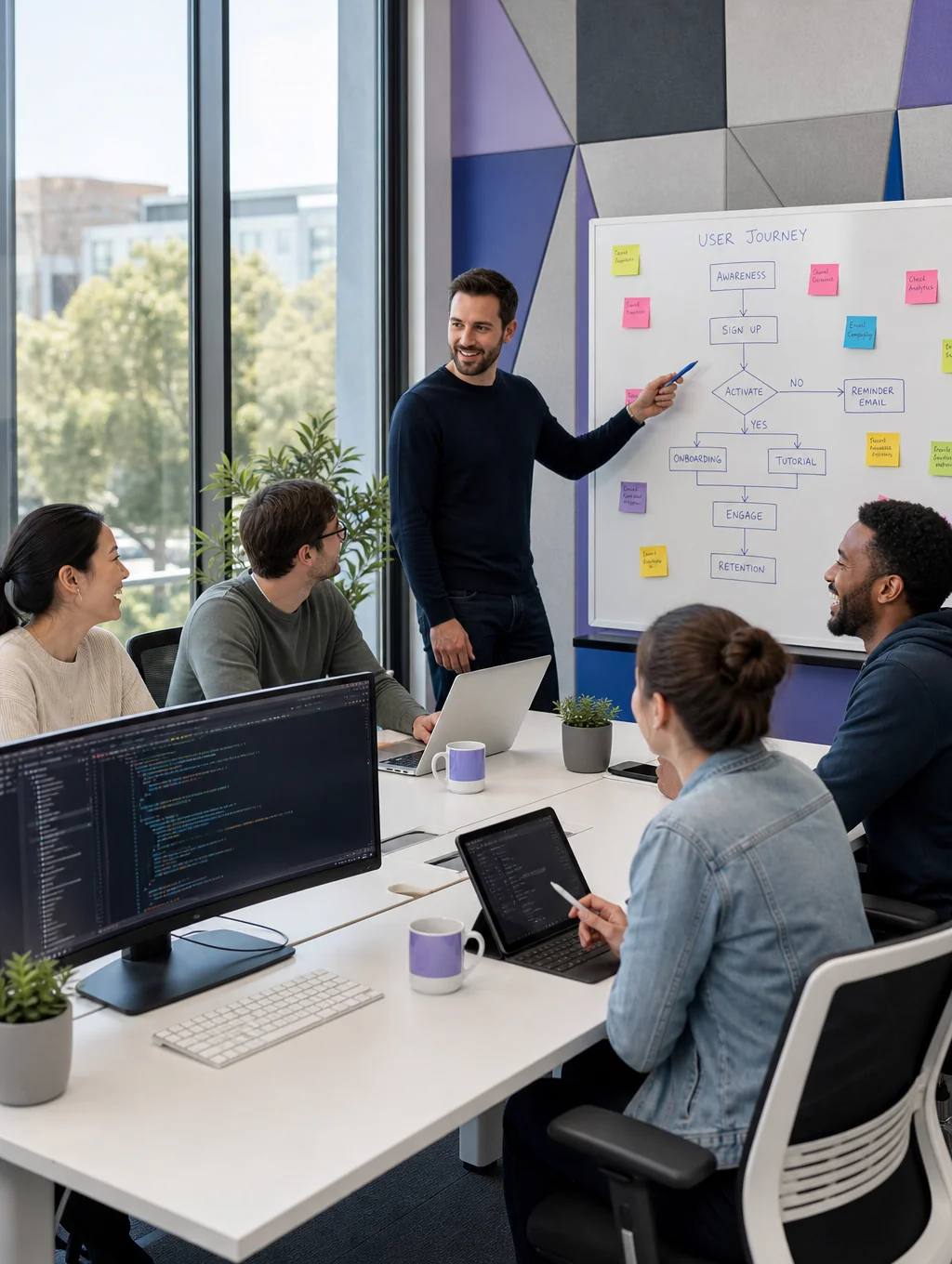 RapidCore Systems engineers reviewing system architecture schematics in a modern technology workspace